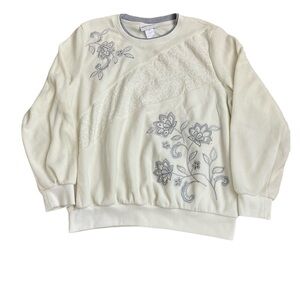 Alfred Dunner Fleece, Sz. M, Cream with Gray Embroidered Flowers